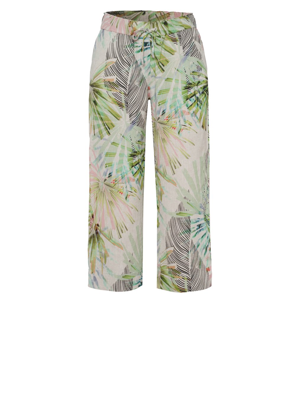 Damenhose Pia 3/4 in multicolour green, 3/4-Leinenhose mit tropischem Print, freigestellte Produktansicht