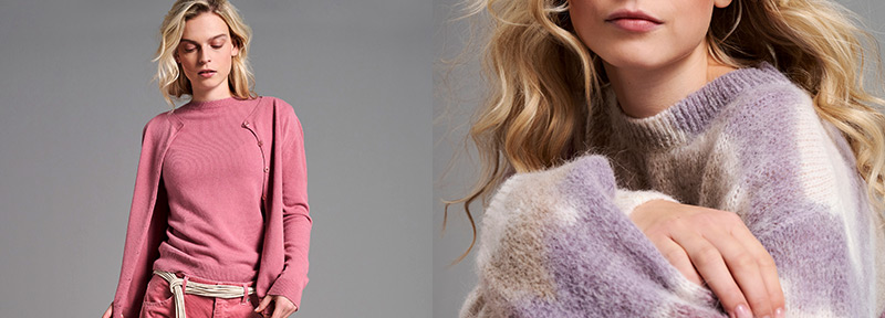 Oberteile mit Stil und Komfort entdecken Zwei Oberteile im Fokus: femininer Feinstrick in Beerenton und flauschiger Pullover mit Farbverlauf – stilvoll und gemütlich  Titel: