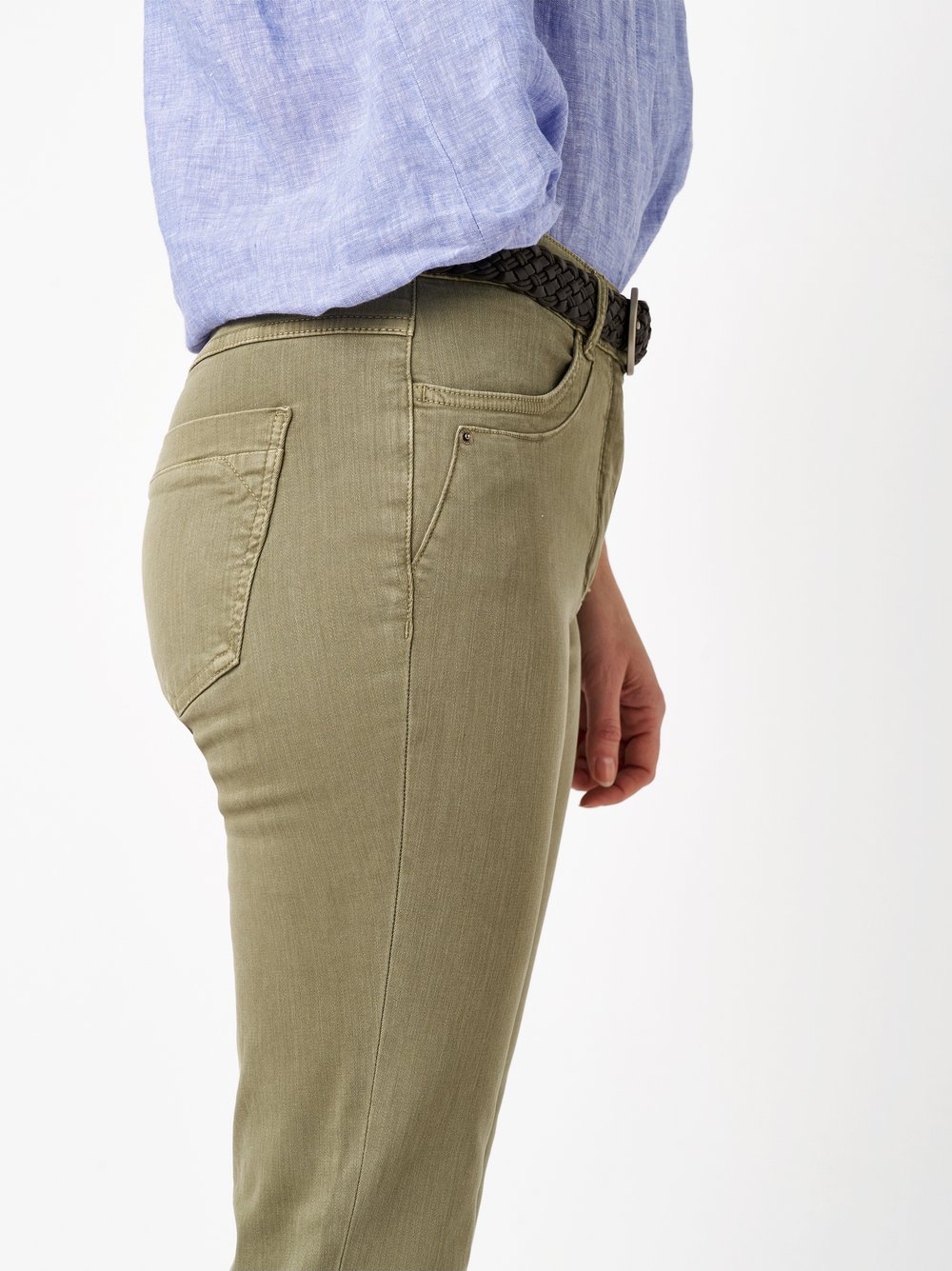 Damenjeans Be Loved in khaki, High Waist Jeans aus Colour Denim, Detailansicht