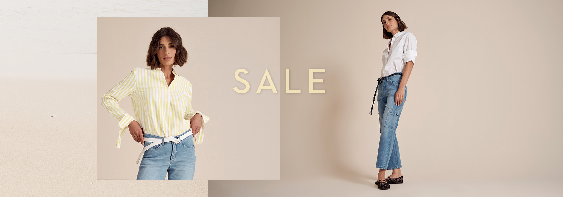 Woman in a TONI outfit gazes into the distance – elegant look for the Summer Sale.