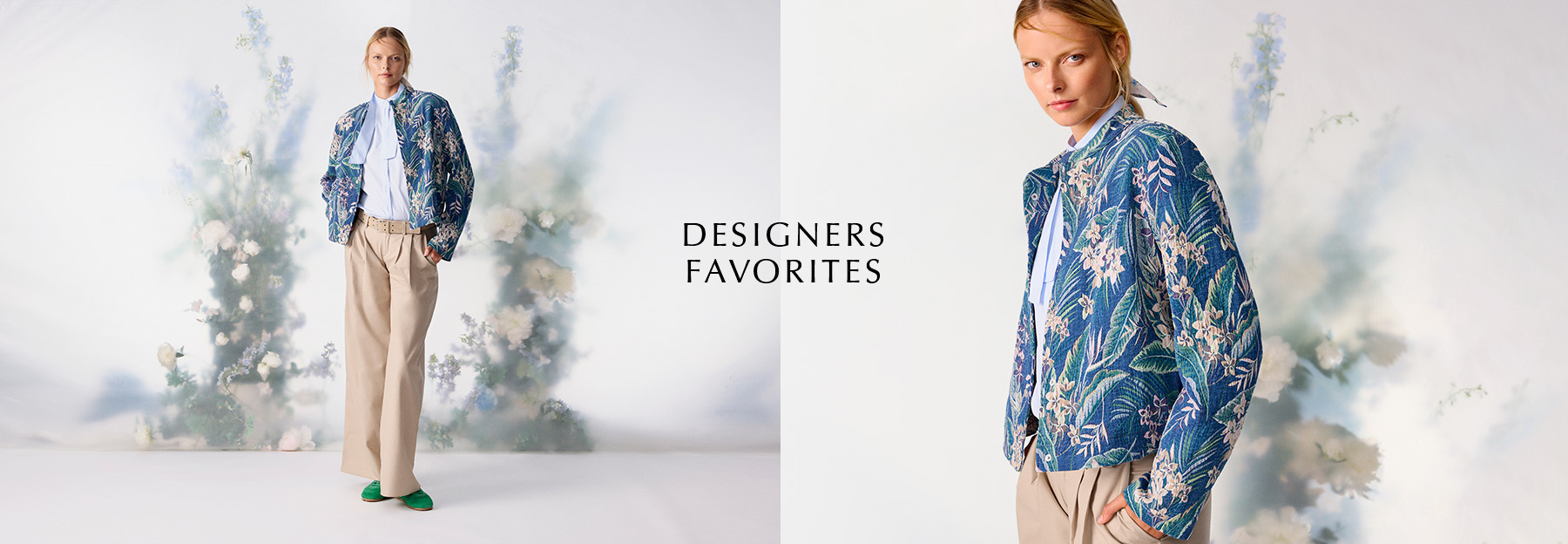 Model wearing a blue patterned jacket with light trousers and floral backdrop – teaser for TONI Designers Favorites