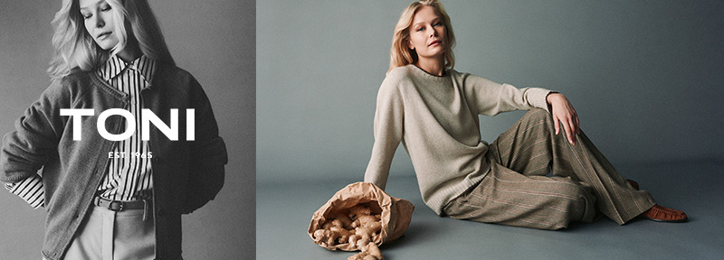 Model trägt weiten Pullover und gestreifte Wide-Leg-Hose – Teaser zur Rubrik Hosen von TONI