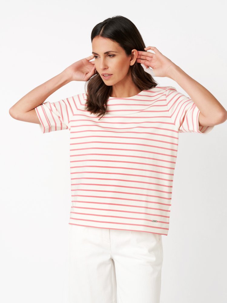 Womens shirt Dolly in pink / offwhite, striped shirt, front view worn by model