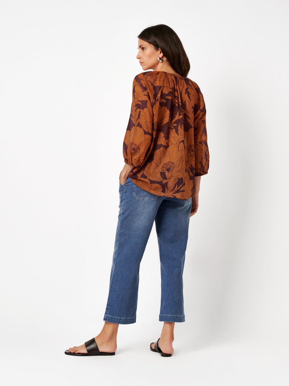 Womens blouse Conni in multicolour, blouse with a bold floral print, back view worn by model