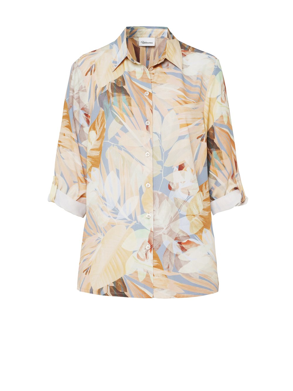 Damenbluse Sweet Bea in multicolour yellow, seidige Bluse mit tropischem Print, freigestellte Produktansicht