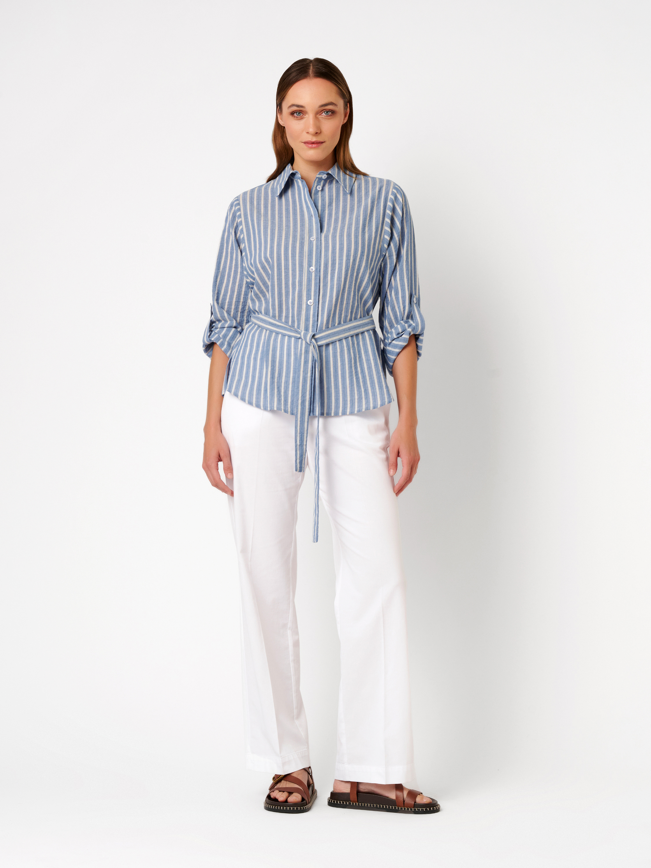 Womens blouse Caja in blue / offwhite, striped belted blouse, outfit view worn by model