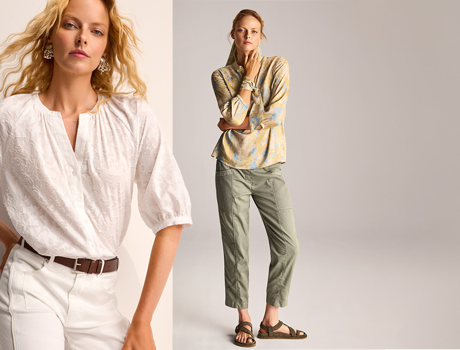Model wearing a textured white blouse with cropped trousers and a look with a patterned blouse and lightweight trousers – effortless summer styles by TONI